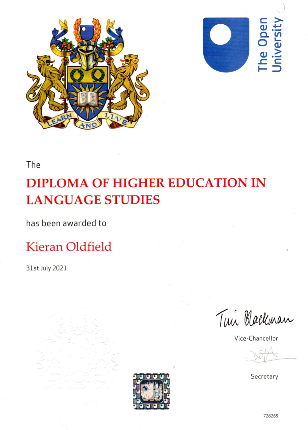 Diploma of Higher Education in Language Studies Certificate